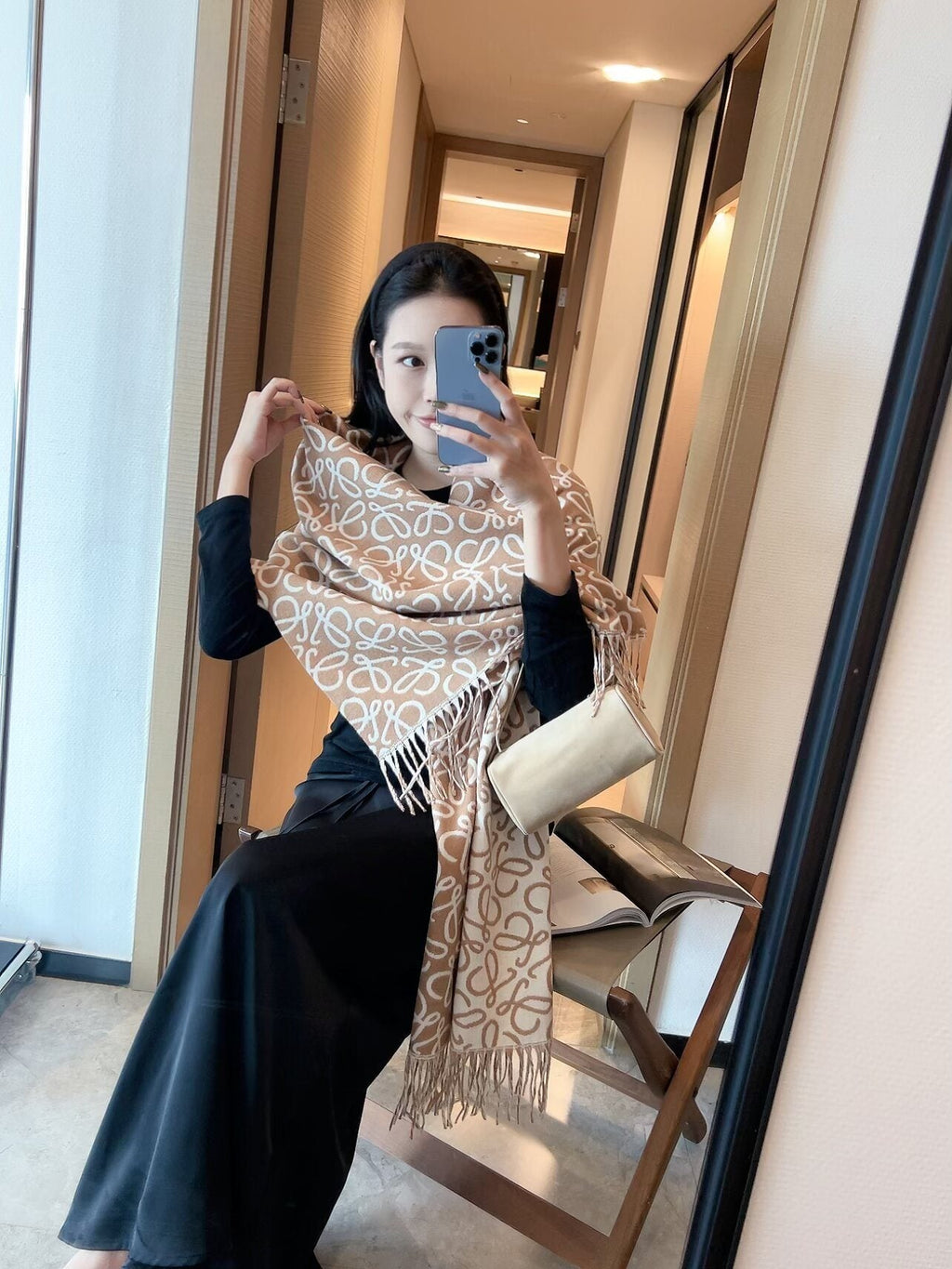 LOEWE Khaki Brown Jacquard Fringed Scarf — model