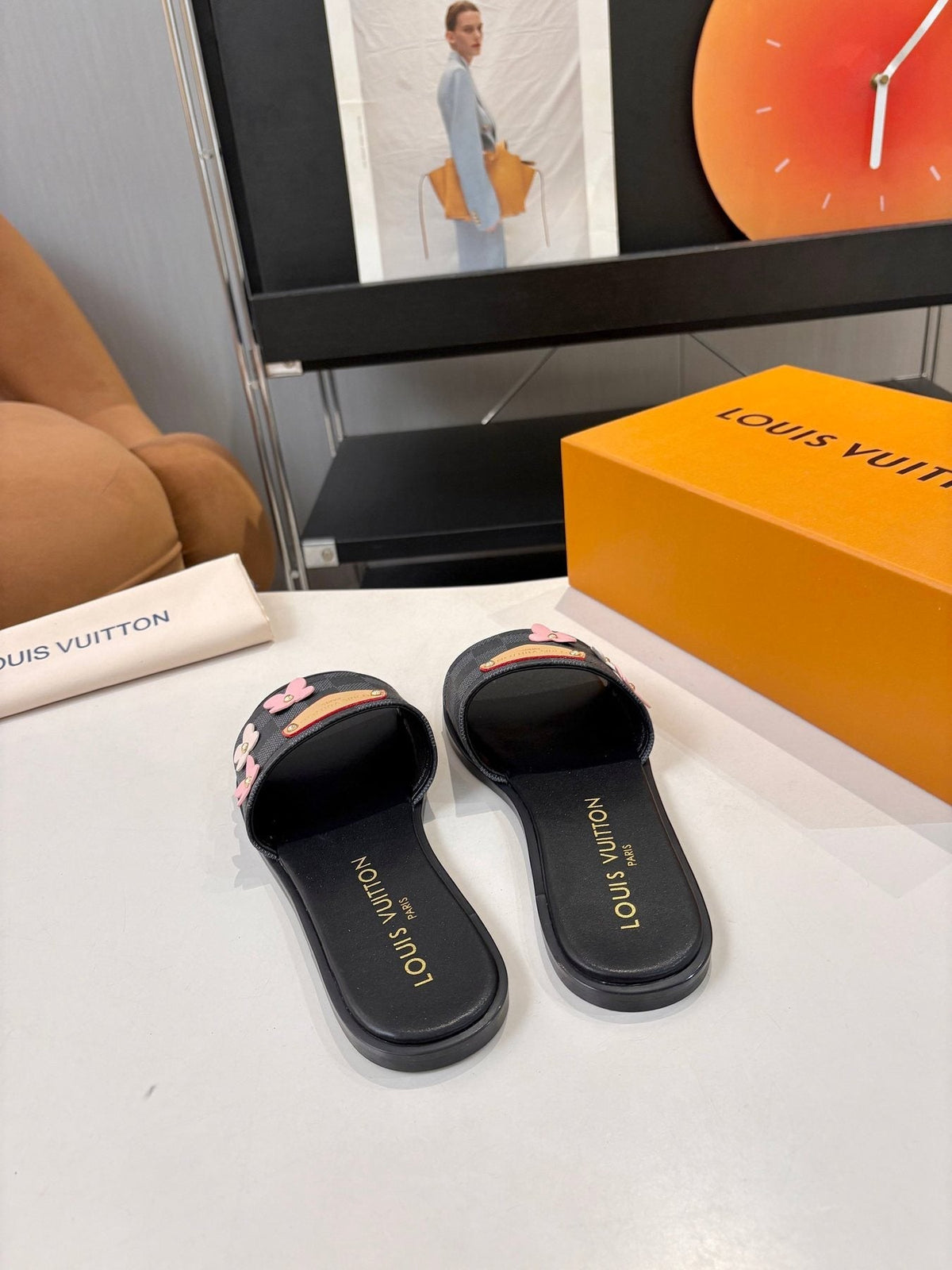Louis Vuitton Floral Appliqué Slide Sandals — front