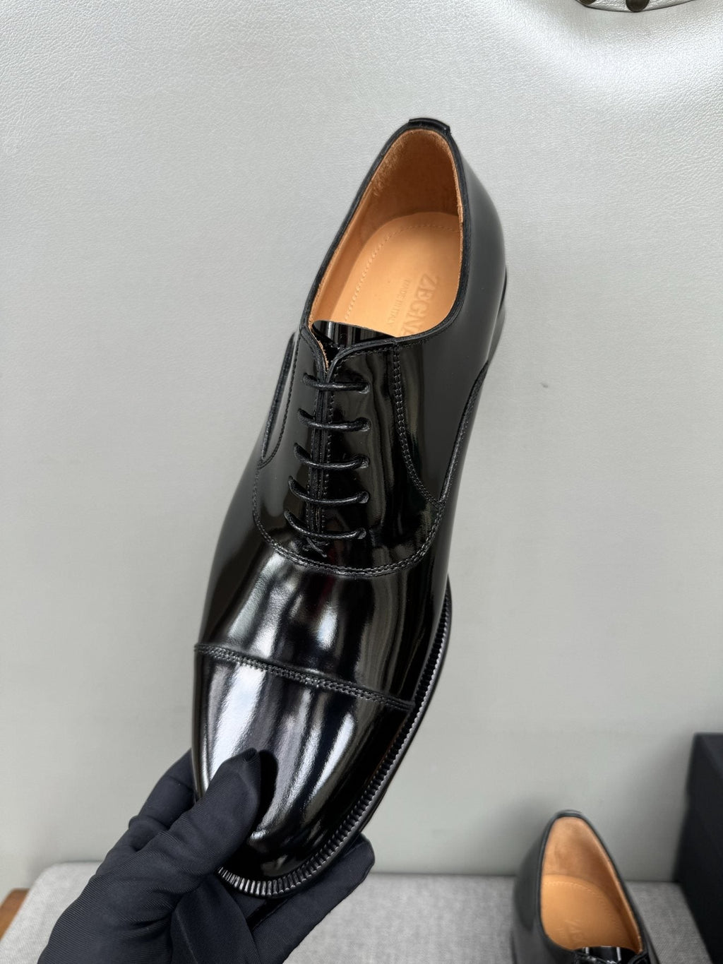 ZEGNA Black Patent Leather Oxford Shoes — front