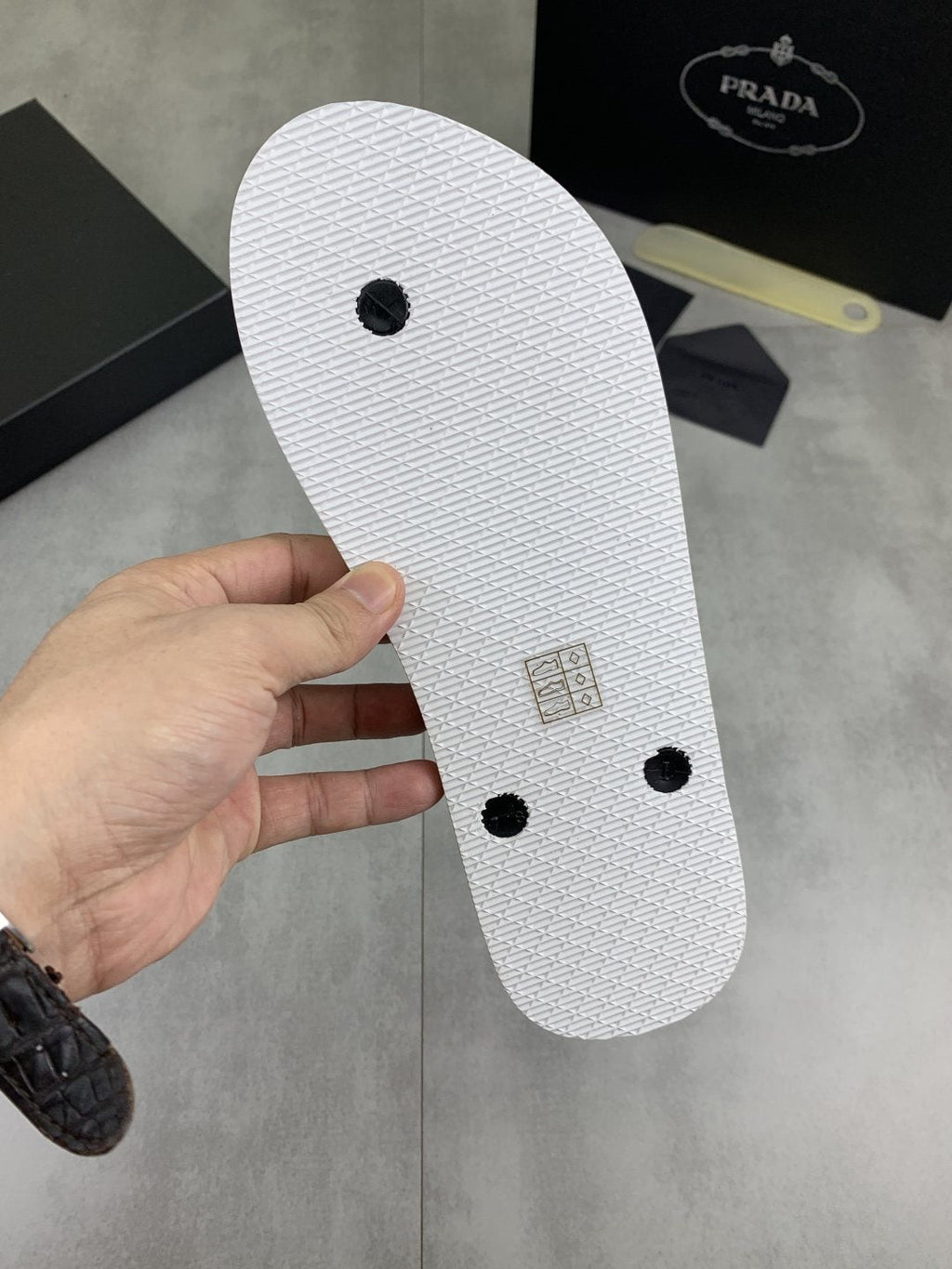 Prada Gray Patterned Flip-Flop Sandals — detail