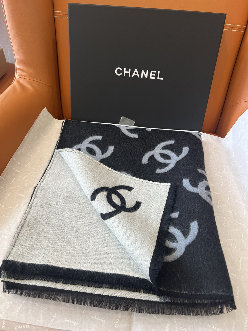 Chanel Reversible Black and Ivory Scarf — front