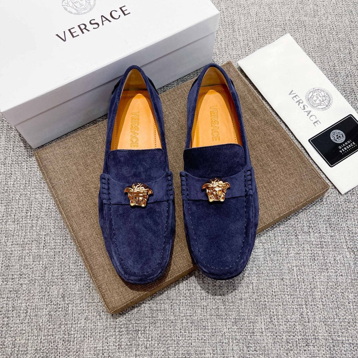 Versace Navy Blue Ornament Loafers — front