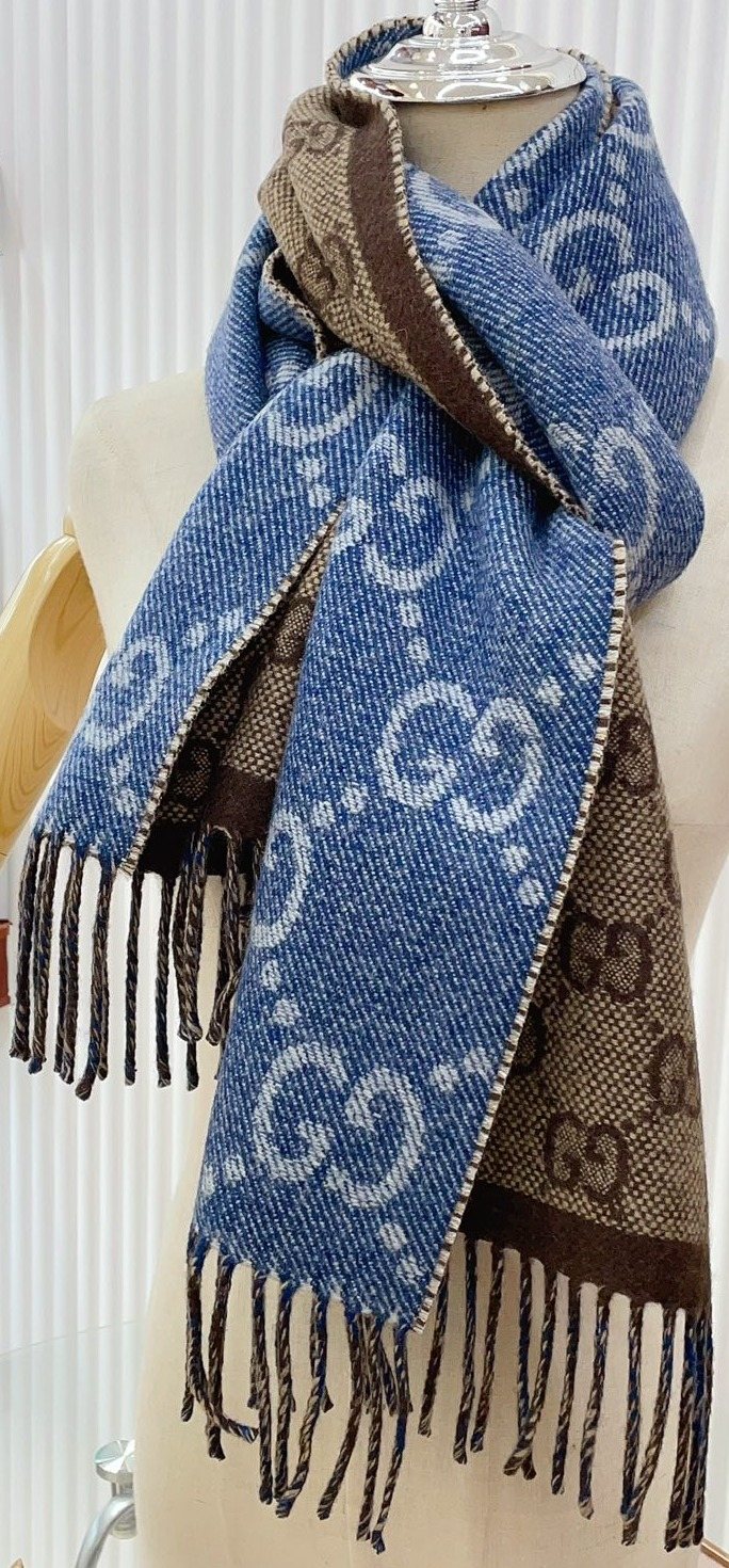 Gucci Blue & Brown Reversible Fringed Scarf — hero