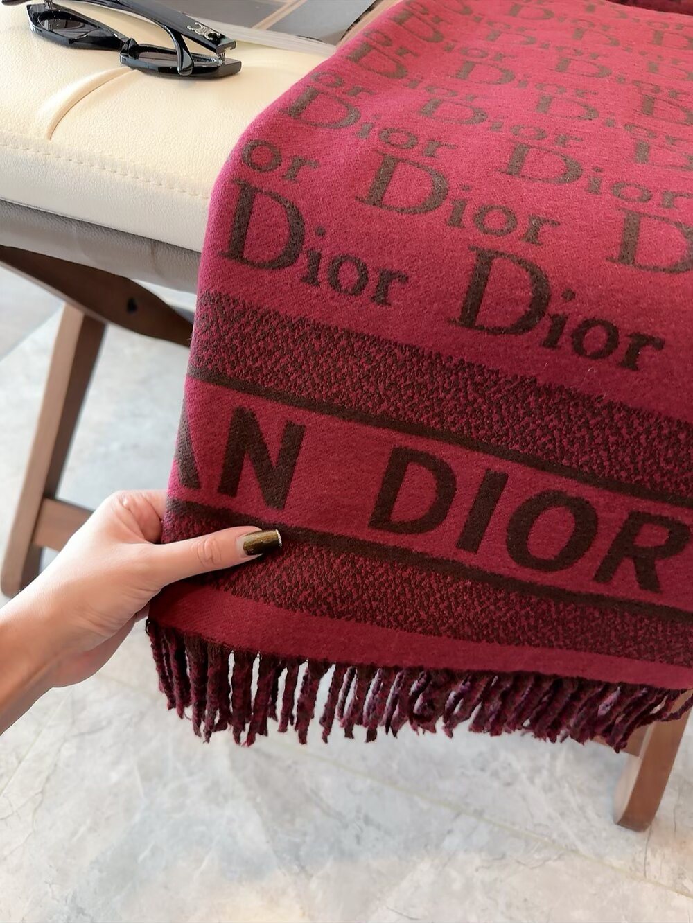 Dior Logo-Pattern Fringed Scarf — detail