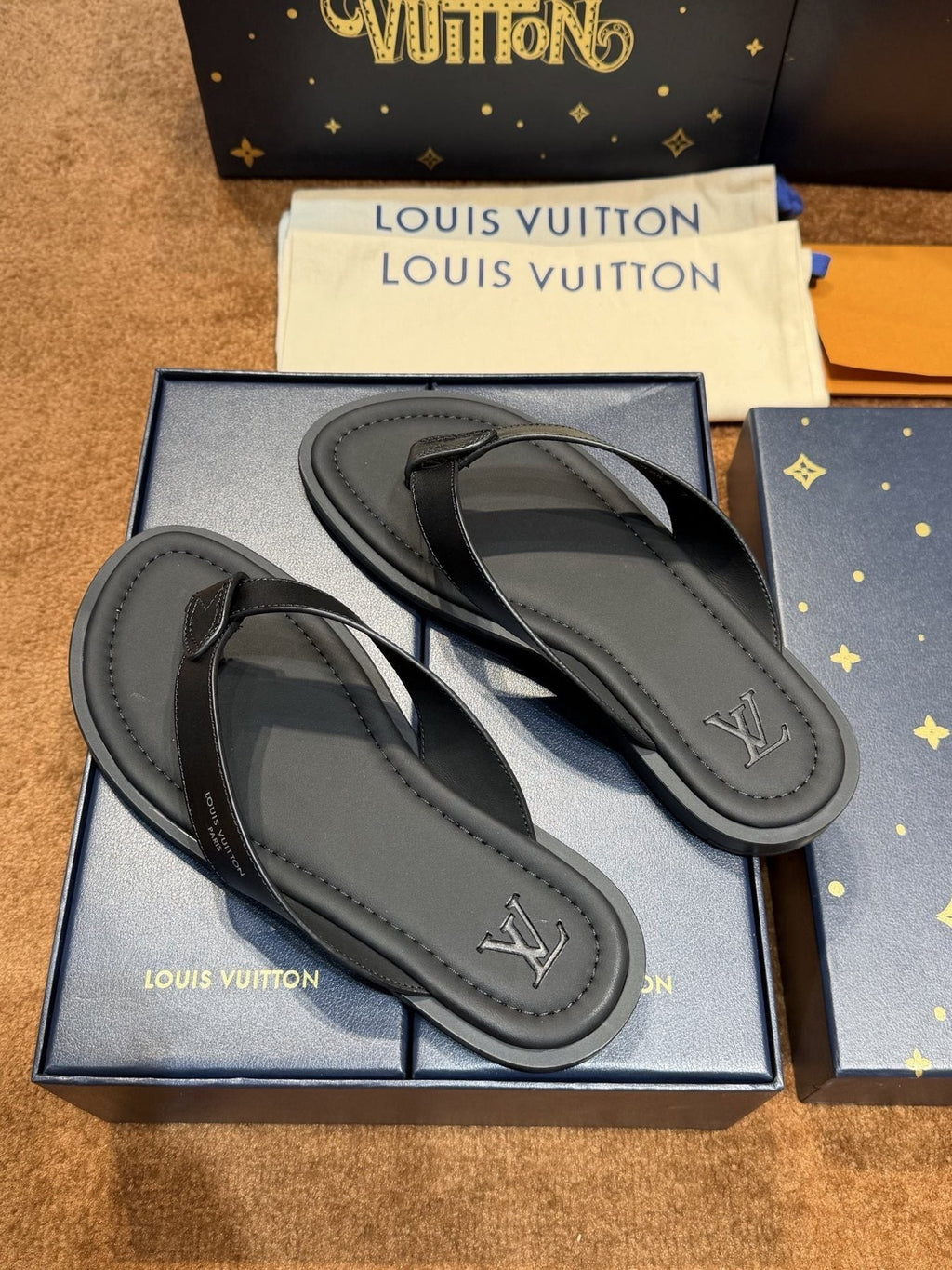 Louis Vuitton Dark Gray and Black Thong Sandals — front
