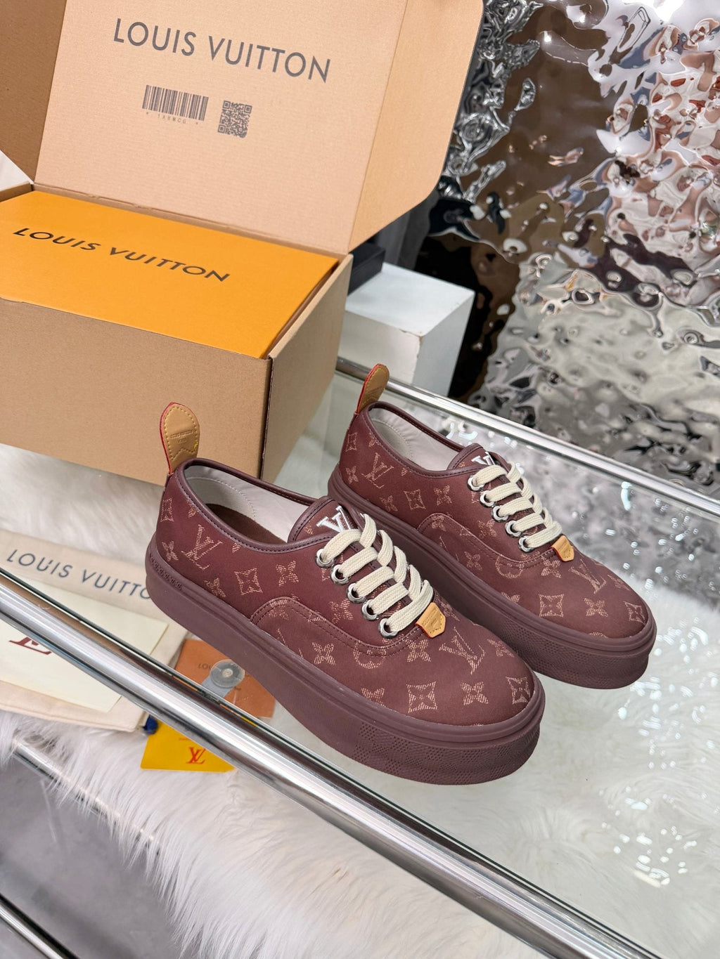 Louis Vuitton Burgundy Monogram Low-Top Sneakers — front
