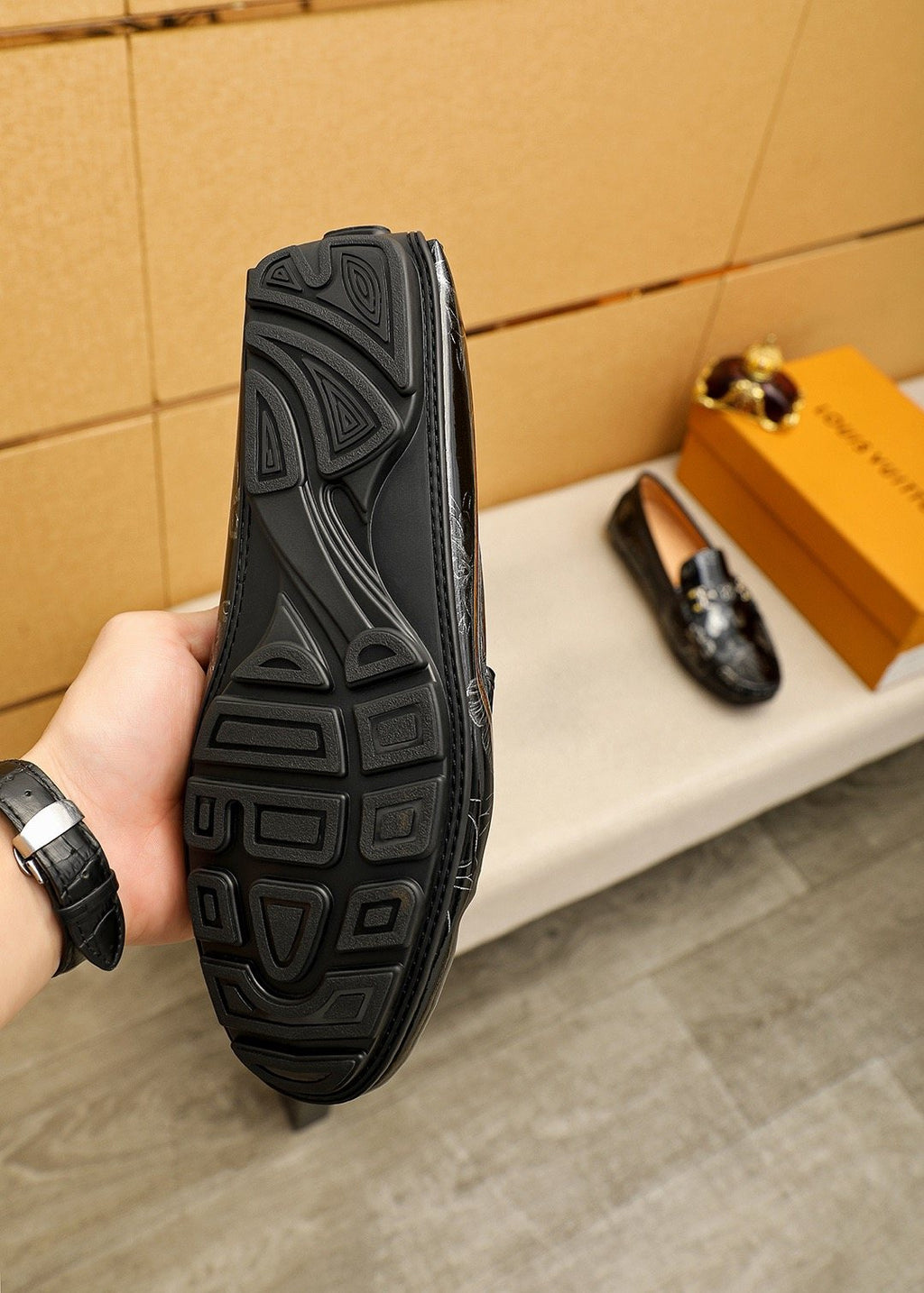 Louis Vuitton Black Floral-Embossed Buckle Loafers — detail