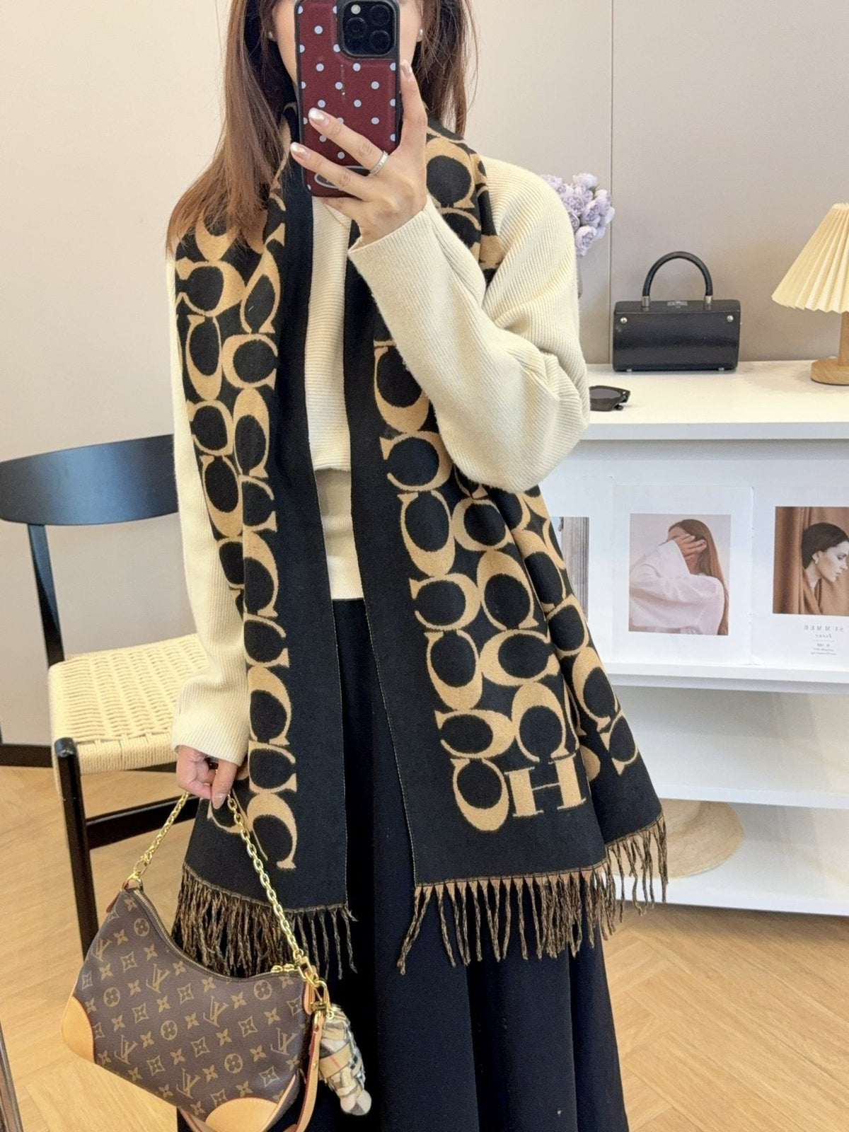 Coach Fringed Woven Motif Scarf — model