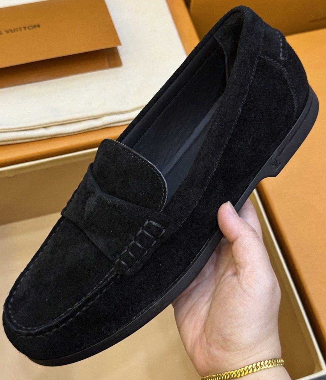 Louis Vuitton Black Suede Loafers — front