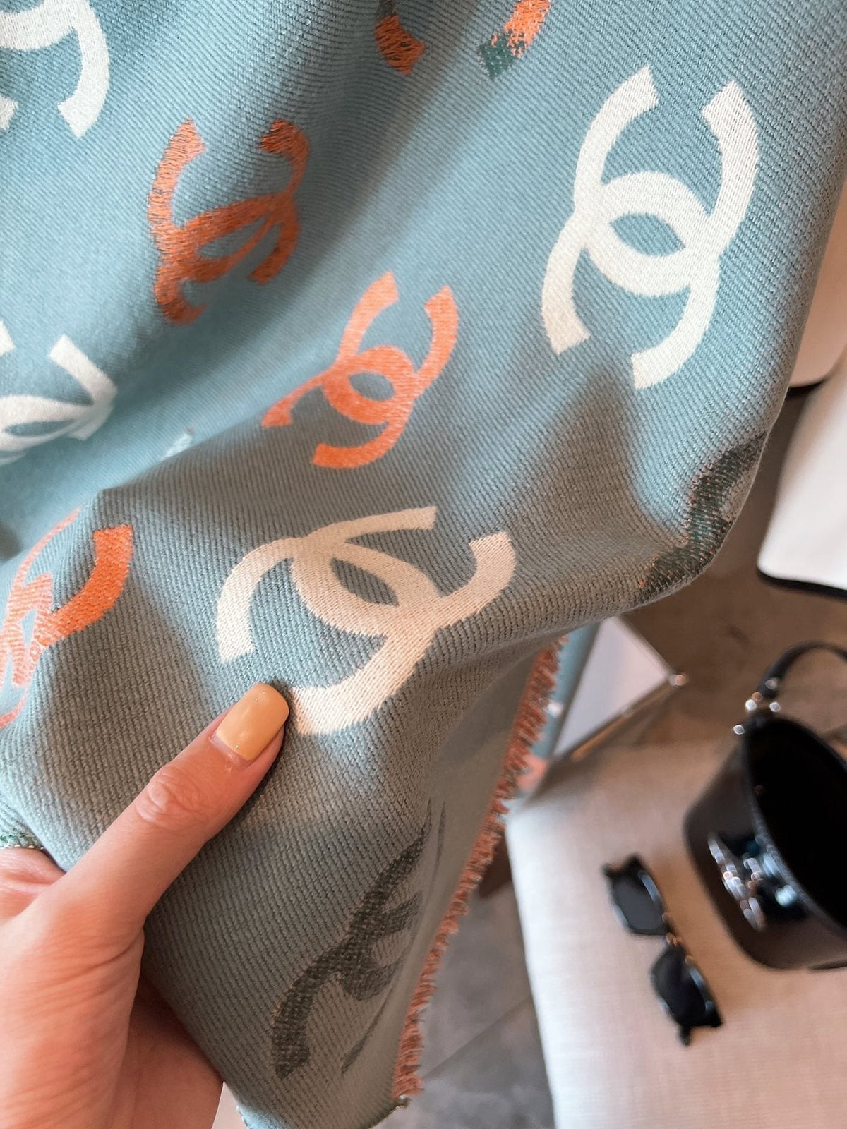 Chanel Patterned Fringed Scarf — detail